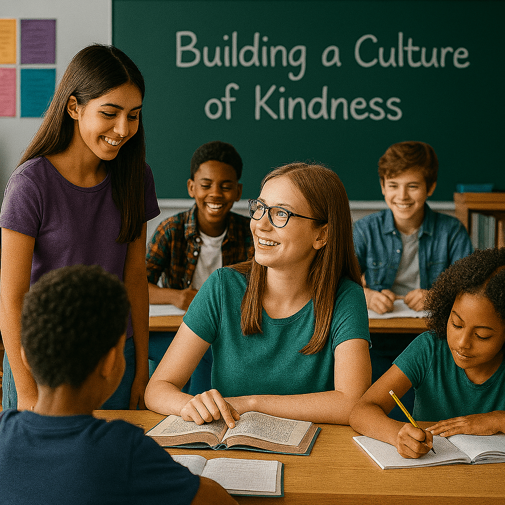 Diverse middle school students in a classroom building a culture of kindness, emotional literacy, and inclusion, with colors matching Angela Legh’s brand palette of purple and blue.