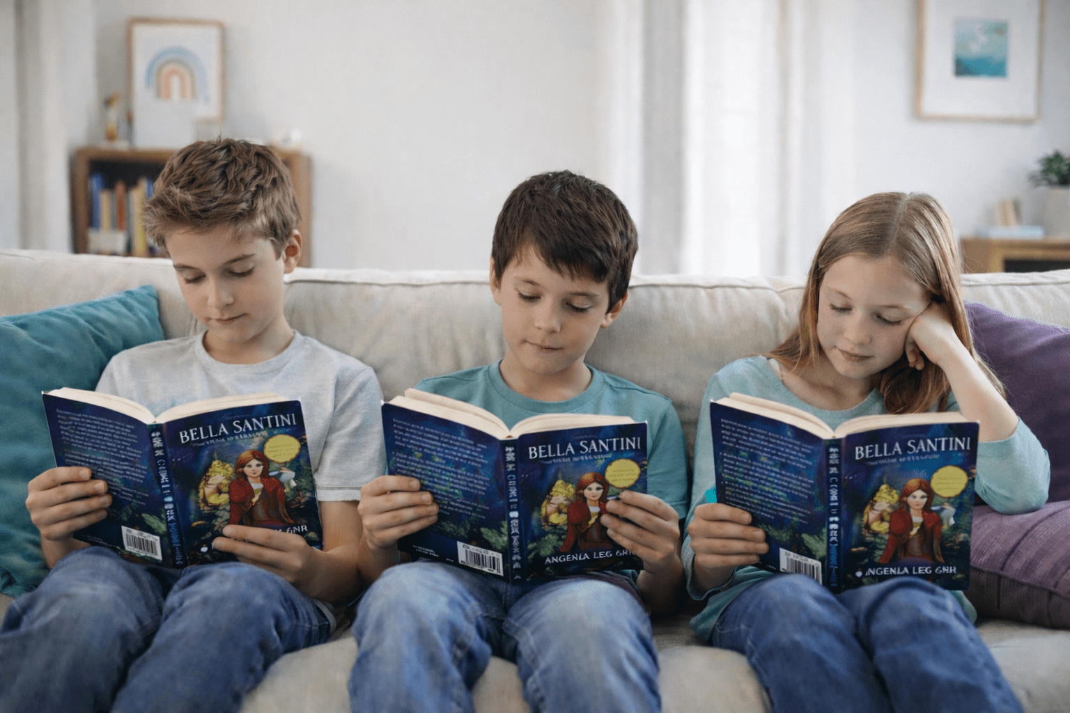 Three kids engrosed in reading the Bella Santini Chronicles books